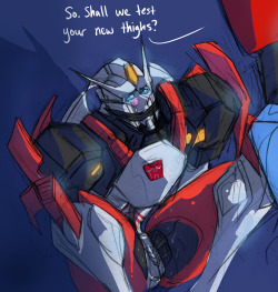 schandbringer:  I’m such an idiot. When Drift joined the Wreckers, he didn’t have the round thighs he has today. There was much joy when he got his new body. There’s one pairing left to complete the unholy triforce that are my OTPs, I’ll post