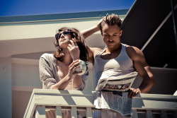 LUMETE SUNGLASS CAMPAIGN (lost weekend - balcony) models : Caitriona Balfe &amp; Simon Sherry-Wood photographed by Landis Smithers
