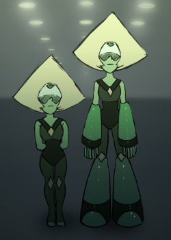 sketchabeedraws:ok but imagine a new Peridot’s “first fitting” for limb enhancers on Homeworld… the little Peridot walks around the limb enhancer model, pointing out it’s abilities and what not… and the one wearing the limb enhancers demonstrates