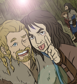 mhyin:  obsessivewritingdisorder requested Fili and Kili taking a selfie and while I was drawing this I thought AU where everything is exactly the same except they have cell phones Siri is Thorin’s best friend, Dori takes overly filtered pictures on