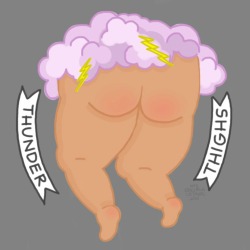 radfatvegan:  Thunder Thighs [Image: Drawing of the back of fat legs protruding from stormy clouds with the above words on a banner.] by Rachele Cateyes