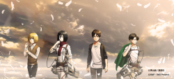 fuku-shuu:  The conclusive image of the Hangeki no Tsubasa game - Armin, Mikasa, Eren, and Levi in the “Thank You” class!The in-game versions can be found here, the clean individual images here, and the stats versions here!Hangeki no Tsubasa will