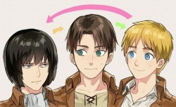 enraged-mirkwood-elf:Levi, Eren, and Armin hair swap!