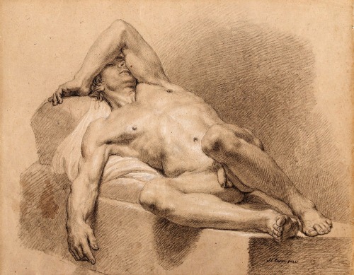 hadrian6:Reclining Male Nude. (c1760),  Domenico Corvi Italian 1721-1803.black and white chalk on laid paper.        http://hadrian6.tumblr.com