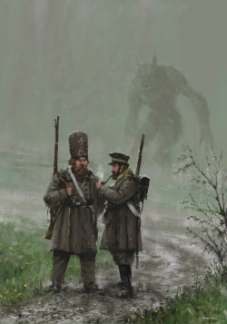 fenrir-chained:  morbidfantasy21:  1863 – Monday - fantasy/horror concept by Jakub Rozalski  “Dimitri?” “Da, comrade?” “Do you of ever have feeling, as of being watched by werewolf of unusual size?” “Is just vodka talking, Ivan. Howling