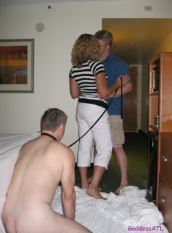 goddess-atl:  So this was an interesting night.  My husband and I met a submissive male at a hotel.  He was ordered to immediately strip and put on a dog collar and leash upon entering the room.  I had him worship my feet, and I teased him a little.