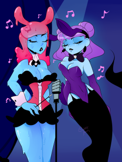 zoestanleyarts: twitchycreedles:  Drew another one of @zoestanleyarts​ characters because they’re hella fab and fun to draww. This is her bab Bibi and my ghost gal singing the blues &lt;3  
