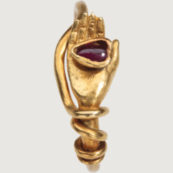 mactevirtute:  Revivalist ring with hand holding a heart, gold and ruby Italy, Rome, signed Castellani, c. 1860–1870 (x) 
