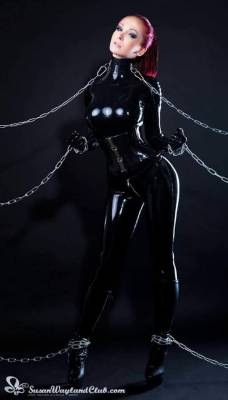 You wanted to know what happened to your Mistress, little girl?  Let me show you.  This is her now.  Chained and collared in my dungeon.  Every day I unzip that latex catsuit to expose her pussy and she is edged, until she’s dripping wet and panting