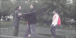 bodyfluids:  shamelesslyunladylike:  himitsubasa:  copperkiwi:  ninjaeyecandy:  4gifs:  Bully messes with karate champ. [video]  The source video is very, very worth watching. A few things to point out: The young woman in the dark coat is continually
