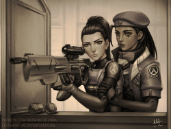 mircosciamart: Amélie Lacroix being trained how to shoot and handle a sniper rifle by Ana Amari. Commission for Ne0natomy.
