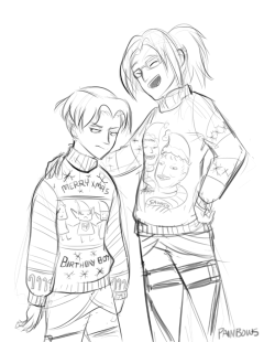 painbows:  Something happened and then I was suddenly drawing Ugly Sweater AU I didn’t put much time into it because it isn’t even close to Christmas but I’m sure Erwin also takes like… campy holiday photos too okay.  Levi’s sweater: Merry