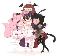 kiwipancakes:  Gift for @erinkitten ~ ! Eimee’s elin, Lily’s miqo'te, my persona (that is basically me with bat wings and tape) and Erin’s elin \o/   You are the sweetest thing ever