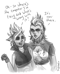 dinochoobs: Sombra is not happy all the technology in Junkertown is held together with duct tape and chewing gum also i was thinking maybe we should call this ship Outhack Steakhouse im sorry 