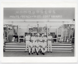 chicagohistorymuseum:  A McDonald’s restaurant and its staff, c. 1960. The menu offers only nine items: hamburgers, cheeseburgers, malted milk shakes, root beer, Coca-Cola, orangeade, coffee, milk, and French fries. Photographer unknown Learn more about