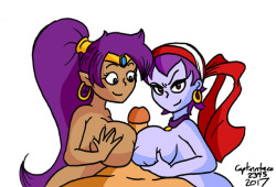 Shantae and Risky Boots double titfucking a guy.