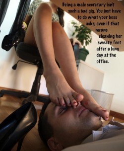 xrayeyesblue: imafemdom:  You have been demoted to being her male secretary but it has it’s perks. You know like when you get to be the foot mistress’s personal footrest.   Re-blogs and original posts exploring the kinks lurking in The Hidden Recesses