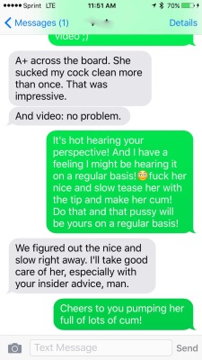 allthingshotwife:  Text conversation with wifeâ€™s new fwb! She told me today he owns this pussy, with all the attention heâ€™s been giving her, heâ€™s earned it!   Iâ€™ve got a dollar, 27 if I can go next. Hey man, donâ€™t judge! March was a tough month.