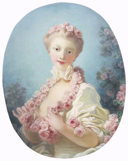 Rococo painting : Jean-Honoré Fragonard, A young blonde woman with a garland of roses around her neck 