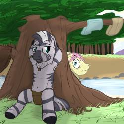 Zecoro had been woken up from his nap after hearing Butterscotch disrobe and speaking to himself on the other side of the tree.  It was a hot day, so he had decided to cool off by the river. Mere coincidence had placed both ponies at the same spot. “What