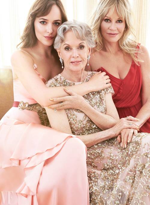 blondebrainpower:Tippi Hedren, flanked by her granddaughter Dakota Johnson and daughter, Melanie Griffith, at the Chateau Marmont, in Los Angeles. 2016