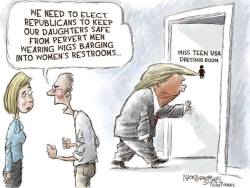 liberalsarecool:  gaymanintexas:  We need to elect Republicans to keep our daughters safe from pervert men wearing wigs barging into women’s restrooms.   “Republican values” and their claim of “family values” is done. Only in the Republican