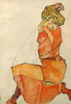 catmota:  Kneeling Female in Orange Dress  (c. 1910) Egon Schiele  this print at Amazon.com 