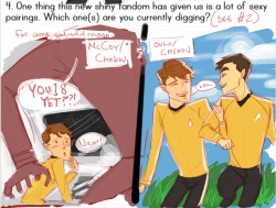 origcrayon:  This is from Annime1231’s Star Trek Reboot Meme. I just couldn’t stop laughing at McCoy/Chekov.  What&rsquo;s funny is mcchekov is the one with all the age kink but John Cho is only about a week younger than Karl Urban.