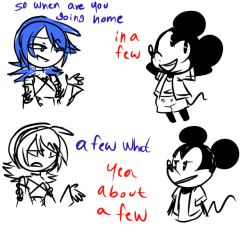 ilikexion:  Au where Aqua Terra Ventus Sora Riku and Kairi live in the samw house that mickey got for them and then he just goes to work and comes back here even tho hes a king my friend and i came up with this