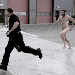 dcvertigodaily:  A naked Jai Courtney chases his Suicide Squad director, David Ayer, across a parking lot (2016), Artist Unknown. 