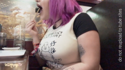 scarybabe: Public Sushi Mukbang - 8 rolls of sushi with soup, salad, and a cup of root beer with no ice!  join my patreon to watch it! 
