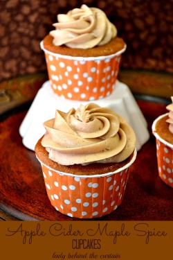 autumnexhale:  “Apple Cider Maple Spice Cupcakes”  Makes 24 cupcakes. Ingredients: For the Cupcakes: 1 spice cake mix 3 eggs 1-2/3 cups apple cider For the Frosting: 3 ounces cream cheese, softened 4 tablespoons butter, softened &frac14; cup maple
