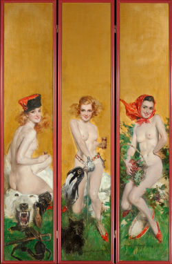 notpulpcovers:  Triptych of Three Nudes, Hunting, Fencing, and Tambourine, decorative folding screen, c. 1925-1930 Howard Chandler Christy 