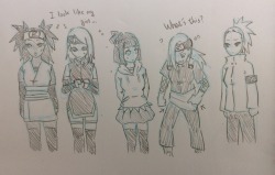 synthiachen1995:  Anon’s requests:Can you please draw Sakura, Hinata, Ino, Temari, and Karui wearing their kids clothes! if you want &amp; have time ofc (,:  My computer was broken so I have to do like this…can’t post my picture under your request.
