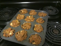 So, brunch. Morning glory muffins. With carrots, apples, and raisins and bananas. i used this recipe!