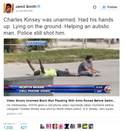magnifithick:  yeahiwasintheshit: cherryblossomgal:   destinyrush:  Unarmed Black Man With Hands Up Shot By Police. Charles Kinsey, 47, a behavior therapist from South Florida was shot in the leg three times by the police in North Miami while laying on