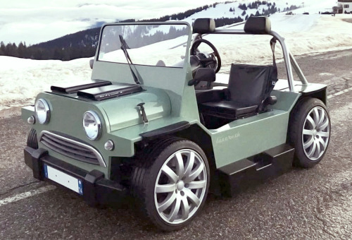 carsthatnevermadeitetc:  Mini V8 M, 2020, by Lazareth. A restomod 1960s Mini Moke that has been fitted with a 450hp Maserati V8 engine in an aluminium chassis with 17-inch alloy wheels. The project is a one-off and is for sale for €140,000 though it