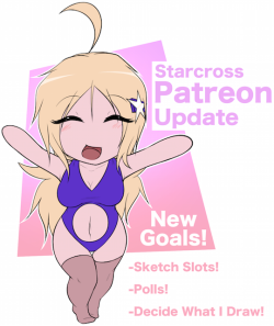 https://www.patreon.com/StarcrossHey guys!Once a year I like to update my Patreon page to try and improve it in any ways I can! This year Iâ€™ve added a new funding goal to allow for a monthly Patron art poll for anyone who pledges ŭ or more, new sketch