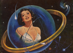 Fantastic Novels Magazine cover art by Lawrence Sterne Stevens for the story &lsquo;The Girl in the Golden Atom&rsquo; by Ray Cummings, June 1951.