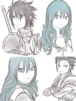 ddalgimilk:  I was drawing Gray’s Devil-Slayer-Papa-Silver-inspired hair when it seemed really familiar, and I realized his hair reminded me of Zack Fair’s from Final Fantasy VII so this crossover happened ^^ Both Advent Children drawings of Gruvia