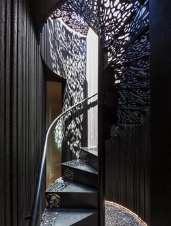 wacky-thoughts:  Spectacular Staircase by Dust Architects This cage spectacular staircase, was drawn by the architects ‘Dust’. The steps let in light through the drawings engrave in the metal. The engraved shapes on the metal steps form and reflect