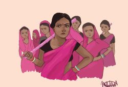 lifeofwall:  This is, hmmm, fan art(?) of a women activist group in India. It is a gang of women (Gulabi Gang), who wear pink saris and fight against domestic abuse and violence against women. They visit the houses of abusive husbands and beat them up