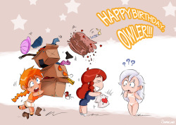 redraider91:  Birthday gift for Owler! Chibis done by the great Samasan!  Sam and Marty Gardner give Howler the gift of clothes, and they were gonna give her a cake, but it looks like that might not work out so well.  Anyway, to sum it up, HAPPY BIRTHDAY