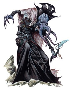 everloyaljaspers:  fallen—fighter:  Illithids (aka Mind Flayers) A grey man with the head of some elongated squid commands the goblins forward. Without so much as a word, he orders them into formations far more intricate than what the goblins would