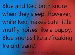 fourswordsheadcanons:     Blue and Red both snore when they sleep. However, while Red makes cute snuffly little noises like a puppy, Blue snores like a /freaking freight train/.   submitted by anonymous 