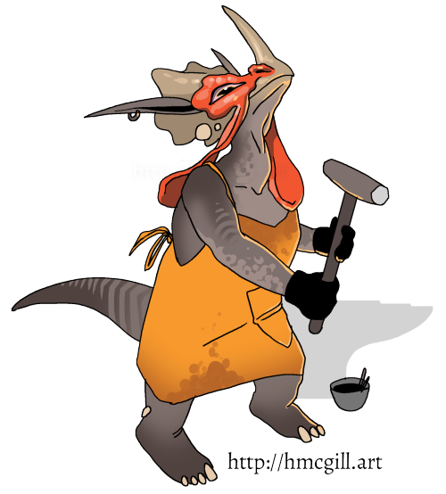 hannahmcgill:Blacksmith@goblinweek[img id] Digital artwork of a goblin blacksmith. The goblin looks like an upright triceratops with long ears and a chicken’s wattle on its face. It has long ears with a small piercing in one of them. Its eye is pink