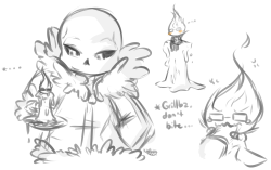 hungrykuroneko:  Candle Grillbz doodles ~What if, instead of being killed, Grillby just shrink if he’s being hurt ? Then he would have to keep this size until he grow up again, so he would have to stay on a candle or a twig for a short while  ~