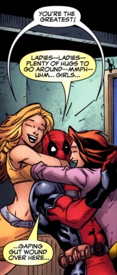 ilaney:      You’re the greatest!   This needs to happen just a tiny bit more often. (The hugs I mean, not the kidnapping of friends followed by gaping gut wounds.) [Cable &amp; Deadpool 39]  