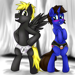  Fuze and Erik at a Underwear Photo Gallery. Erik is a little nervous cause somepony accidentally messed up his style of underwear.  &ldquo;Dude, just remember &lsquo;If you got it, flaunt it.'  It&rsquo;s all about confidence with these things.&rdquo;