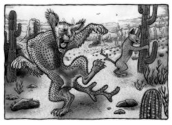 cryptid-wendigo: The Cactus Cat hails from the southwest USA. It is typically described as a bobcat covered with thorns instead of fur. The longest spines lined its forearms and tail. At night, it is rumored that the cactus cat uses the long spines to